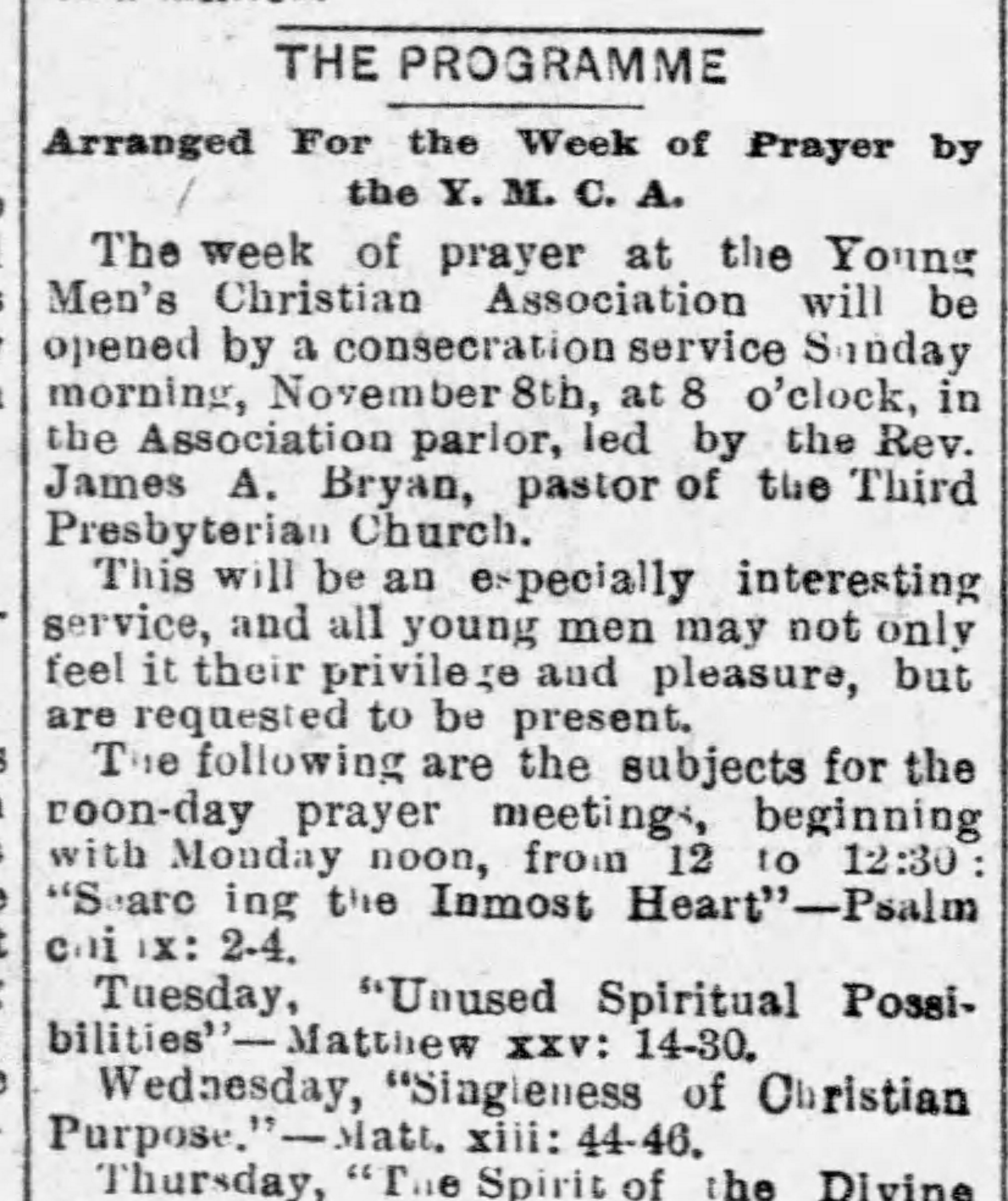 The Programme Arranged for the Week of Prayer by the YMCA